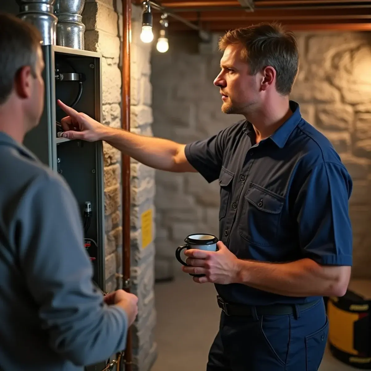 HVAC technician talking with a homeowner about a furnace in a Mount Joy, PA basement