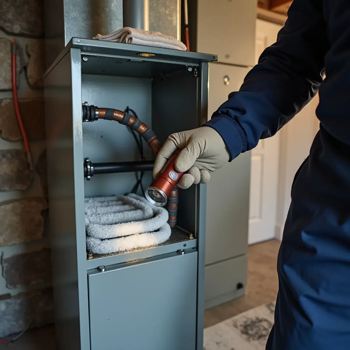 Frost covering an indoor evaporator coil and copper suction line in a Mount Joy, PA basement