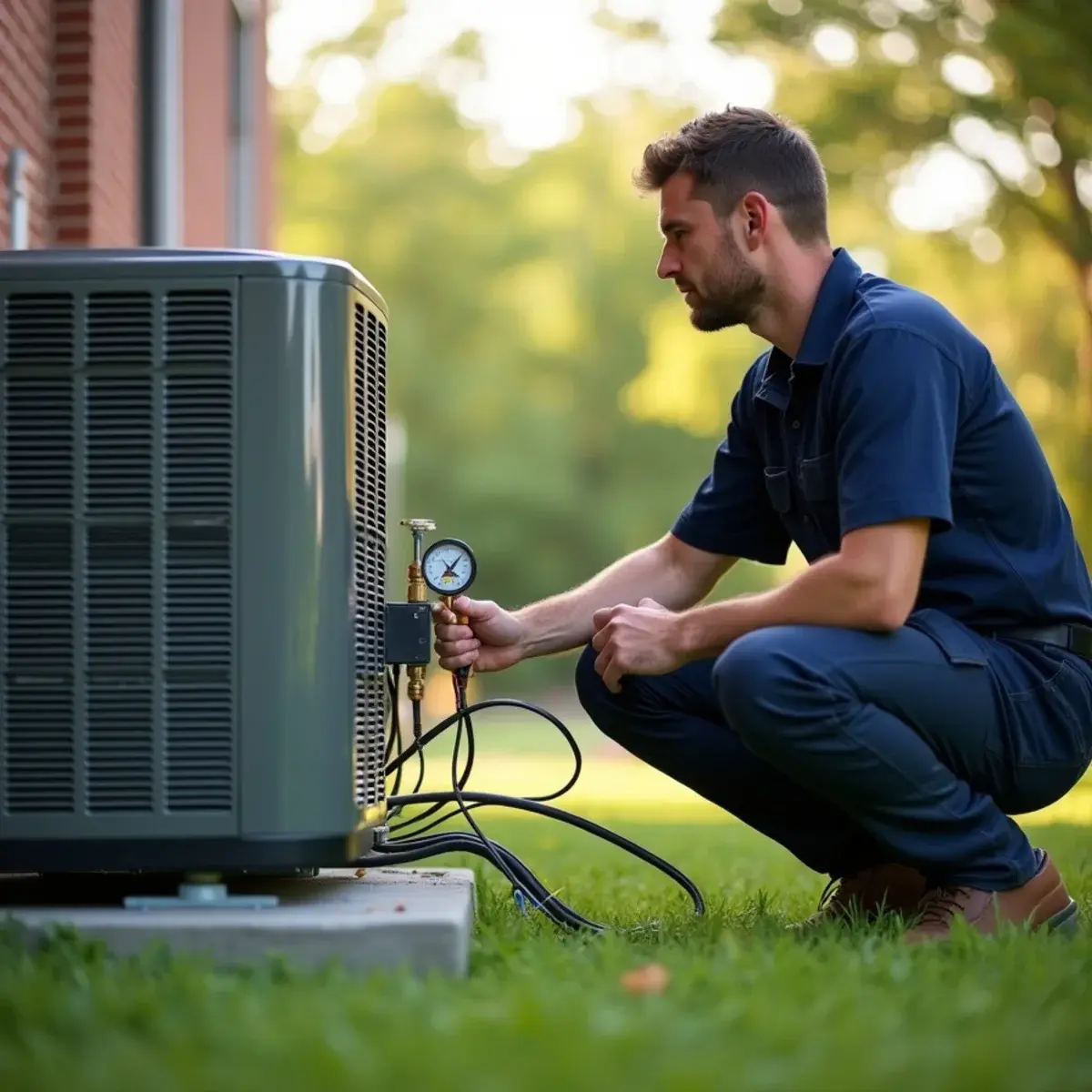 HVAC technician checking an outdoor air conditioning condenser beside a brick home in Mount Joy, PA