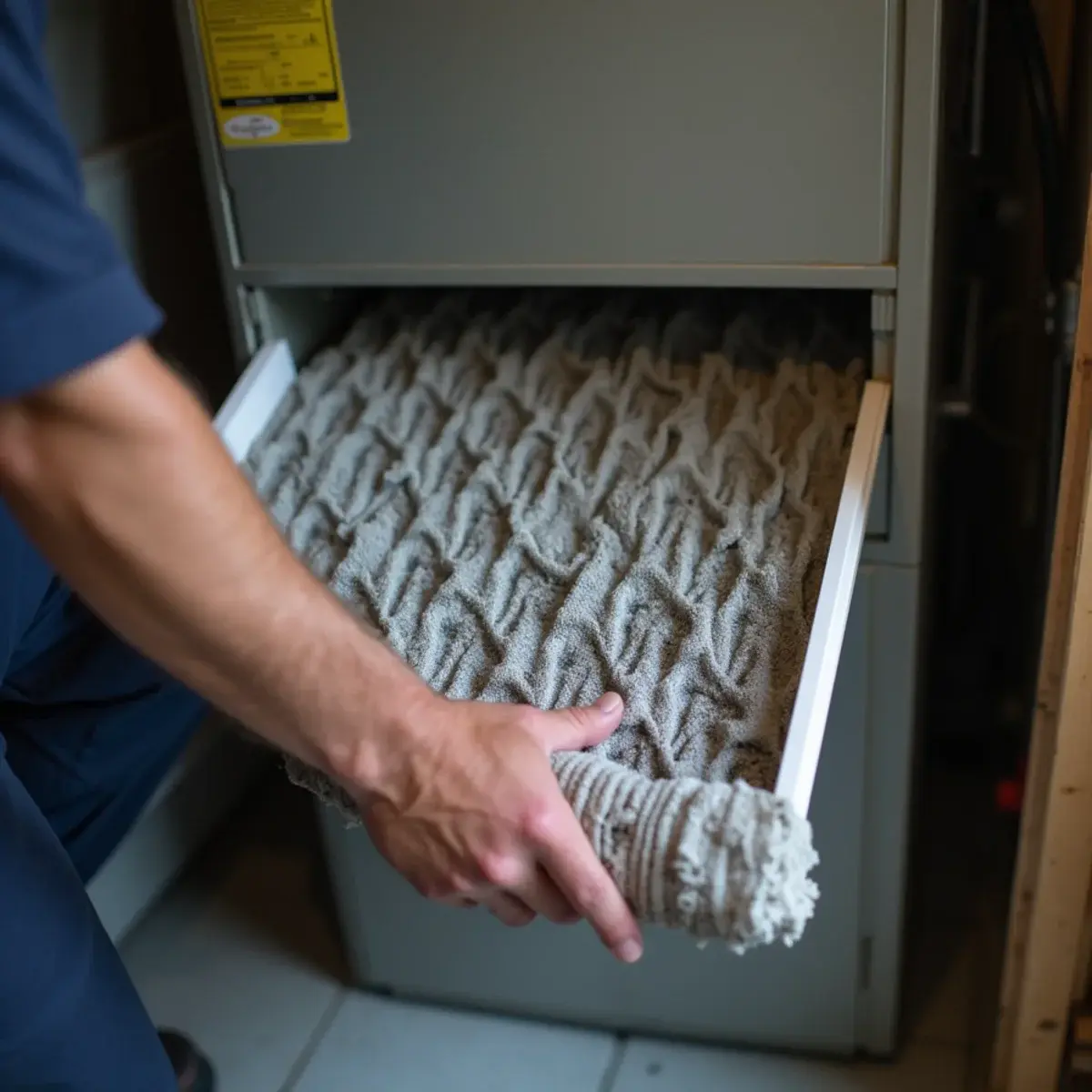 Dust-clogged air filter pulled from an air handler in a Lancaster County, PA home