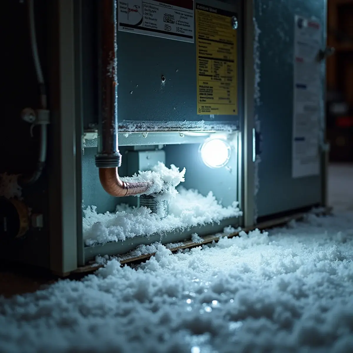 Frost-covered evaporator coil inside an air handler on a humid day in Hershey, PA