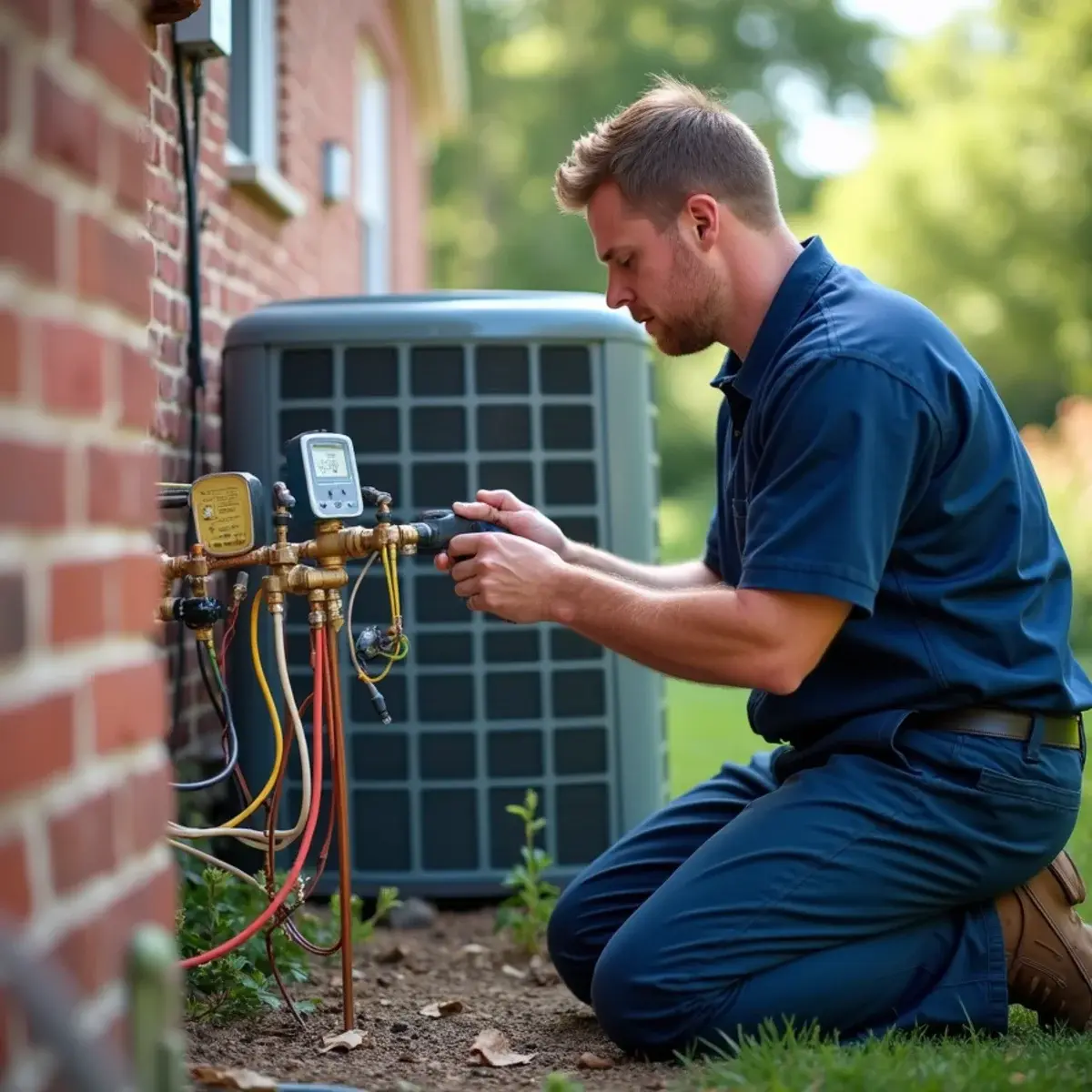 Technician checking an air conditioner line set for a refrigerant leak in Ephrata, PA
