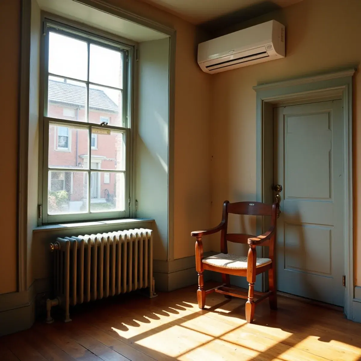 Ductless mini-split head above a cast iron radiator in a historic Columbia, PA brick rowhome