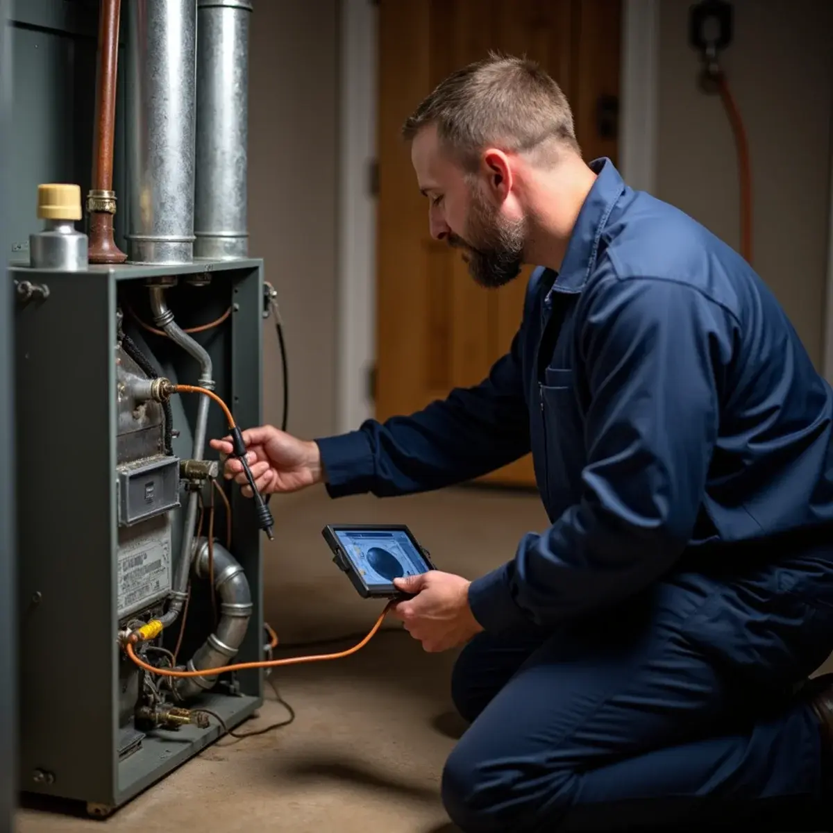 Technician inspecting a furnace heat exchanger with a camera for cracks