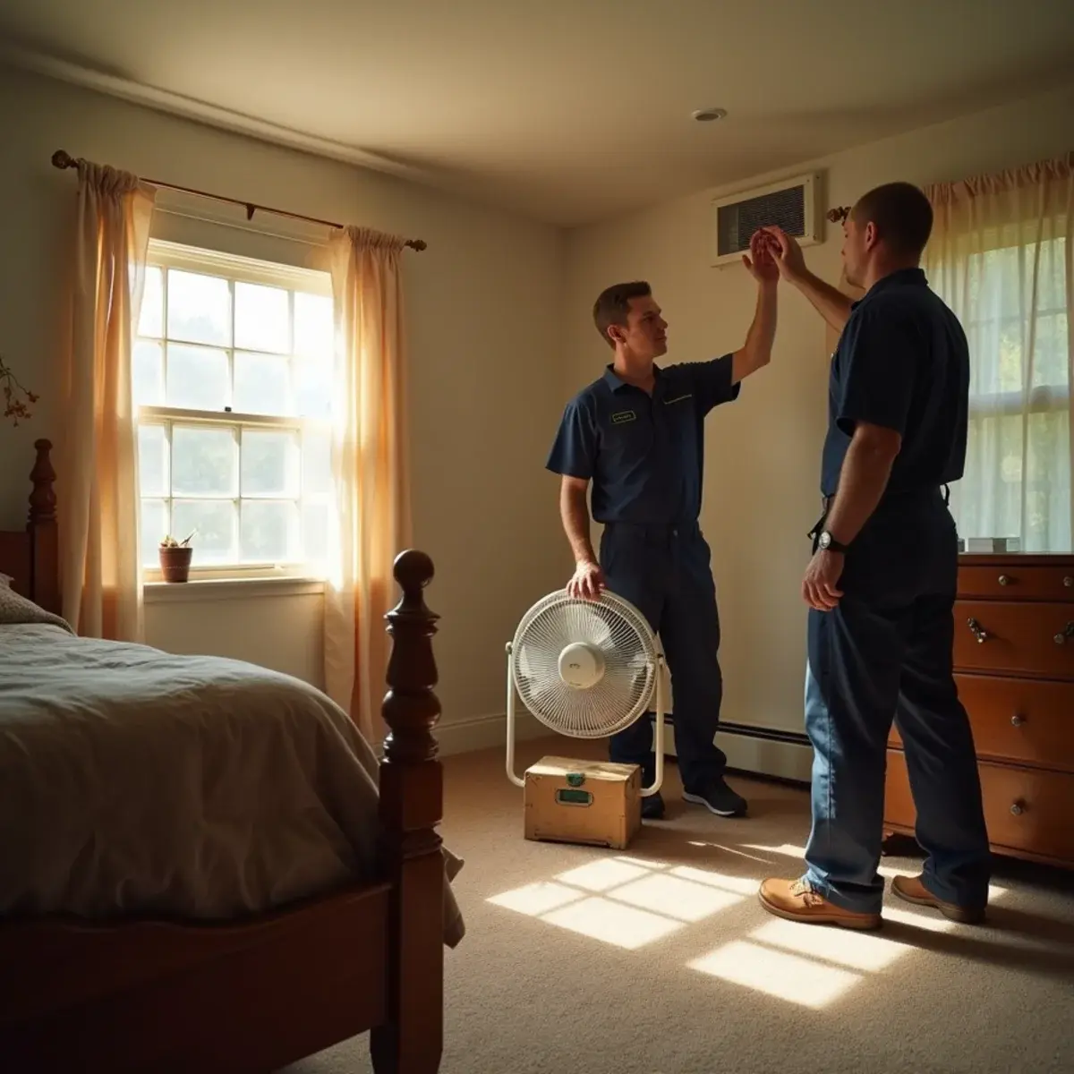 Warm upstairs bedroom with a fan running in a 1970s Pennsylvania home
