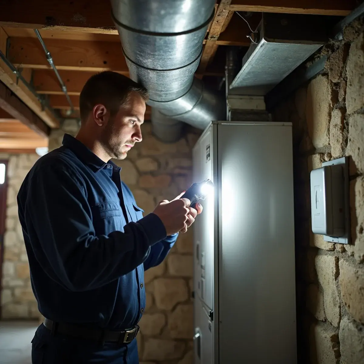 Technician inspecting old ductwork and the electrical disconnect for a furnace