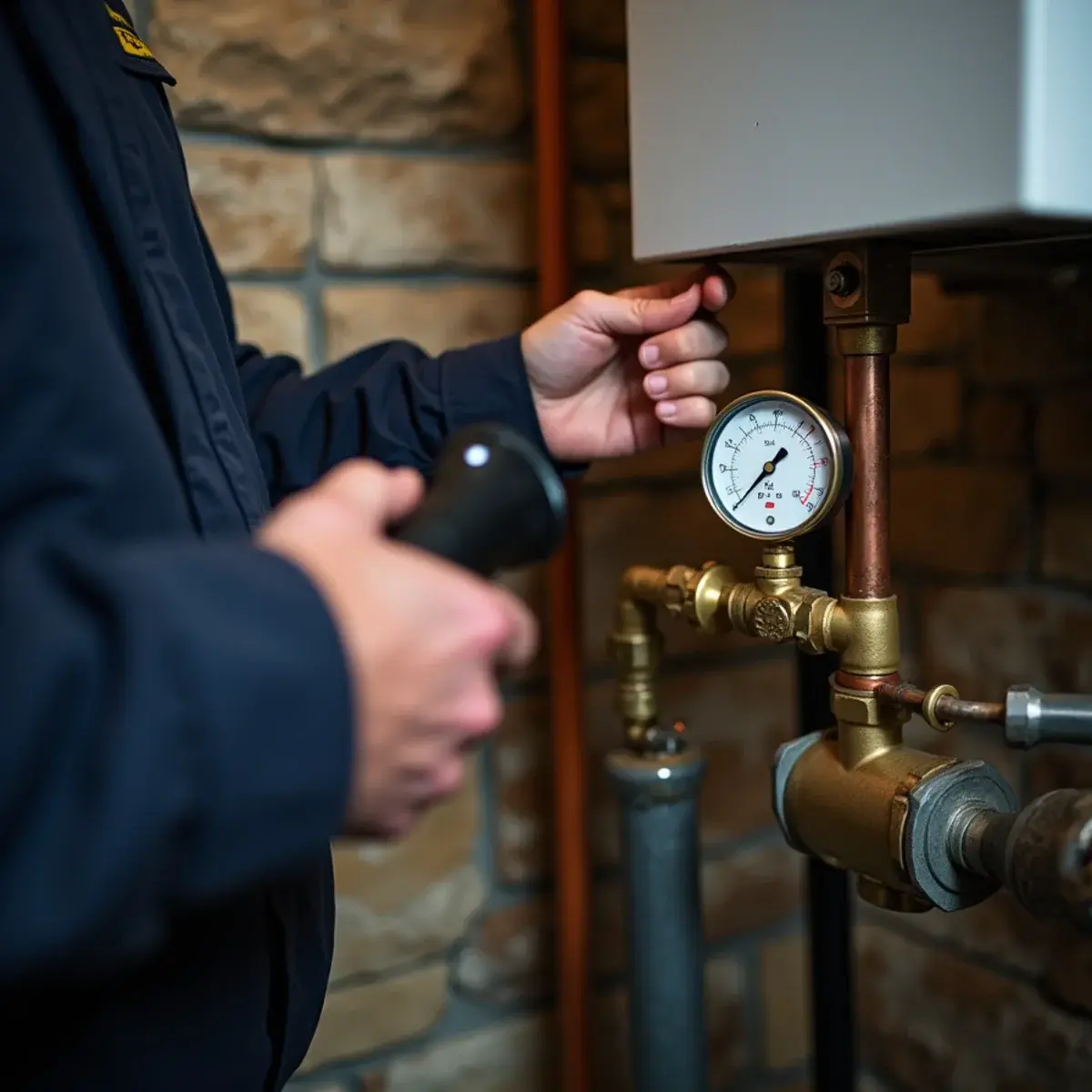 Technician checking a hot water boiler pressure gauge and relief valve in a Mount Joy, PA basement