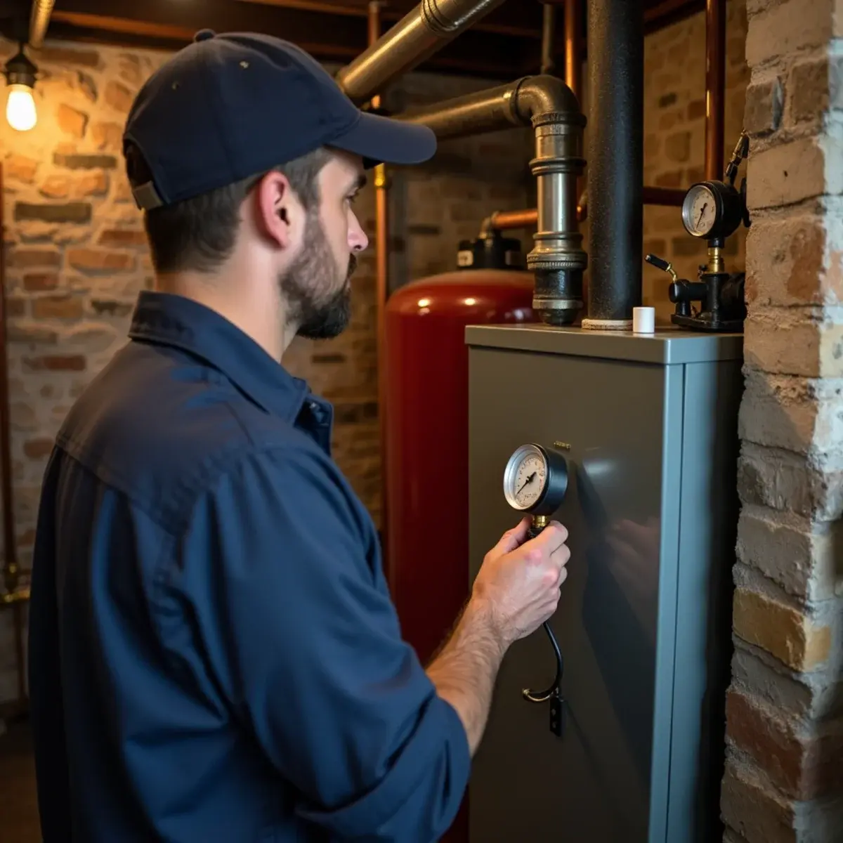 Technician checking a cast iron boiler in a fieldstone basement of an older Mount Joy, PA home