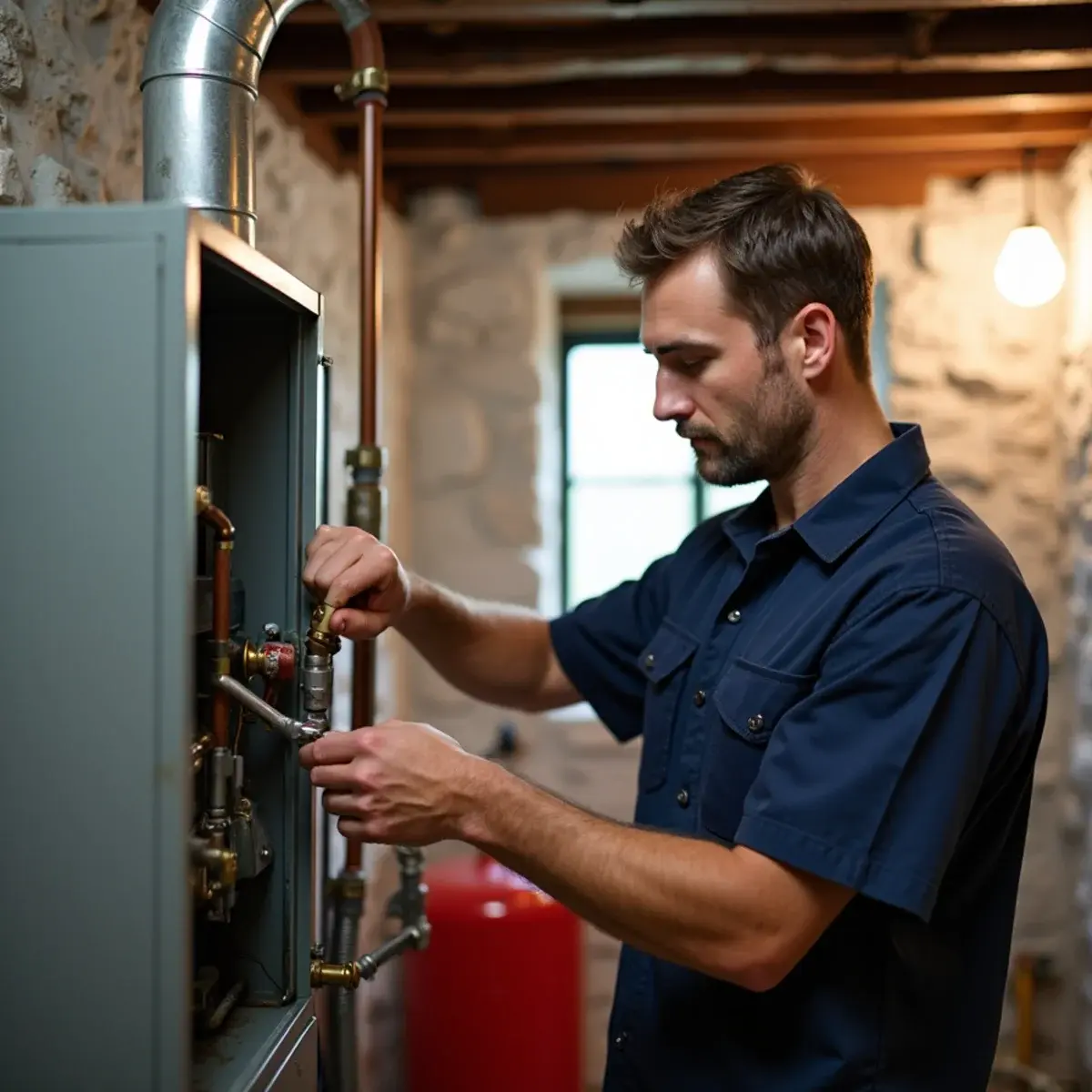 Technician servicing an oil furnace burner in a farmhouse basement near Mount Joy, PA