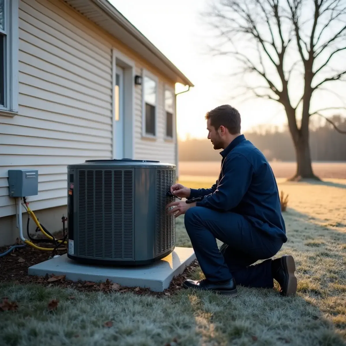 Heat pump outdoor unit beside a two-story home in a subdivision near Elizabethtown, PA